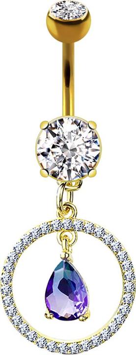 Star Piercing Banane 14k vergoldet mit Anhänger Kreis mit Kristallen und Kristalltropfen (Chirurgenstahl 316L, Messing)