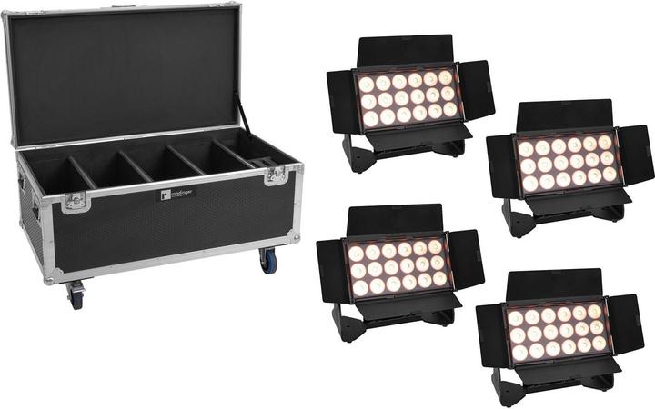 Eurolite Set 4x Multiflood IP 18x10W RGBW Wash CRMX + Case mit Rollen
