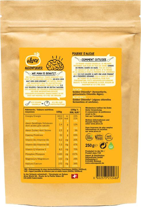 Nährwerte und Zutaten Alver Golden Chlorella - Mikroalgenproteinpulver - Superfood - 250g (1 Stück, Pulver, 250 g)