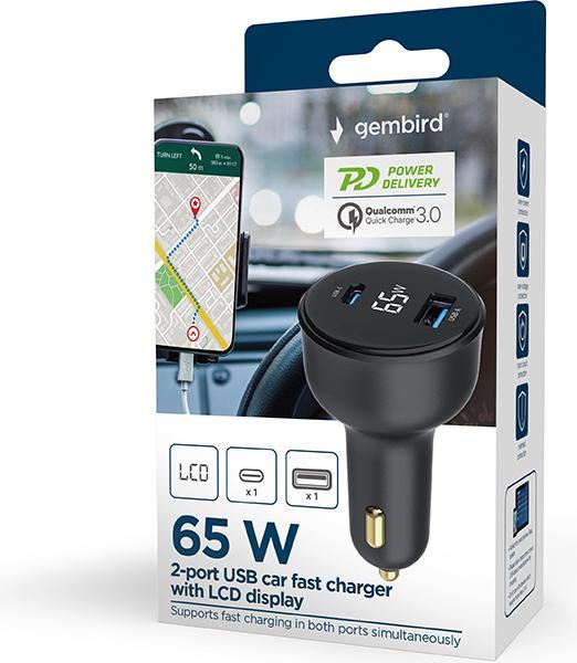 Actual product image Gembird Chargeur Allume Cigare 1x USB-C + 1x USB-A 65W (Noir)