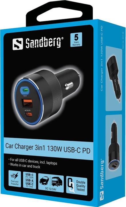 Productafbeelding Sandberg Autolader 3in1 130W USB-C PD