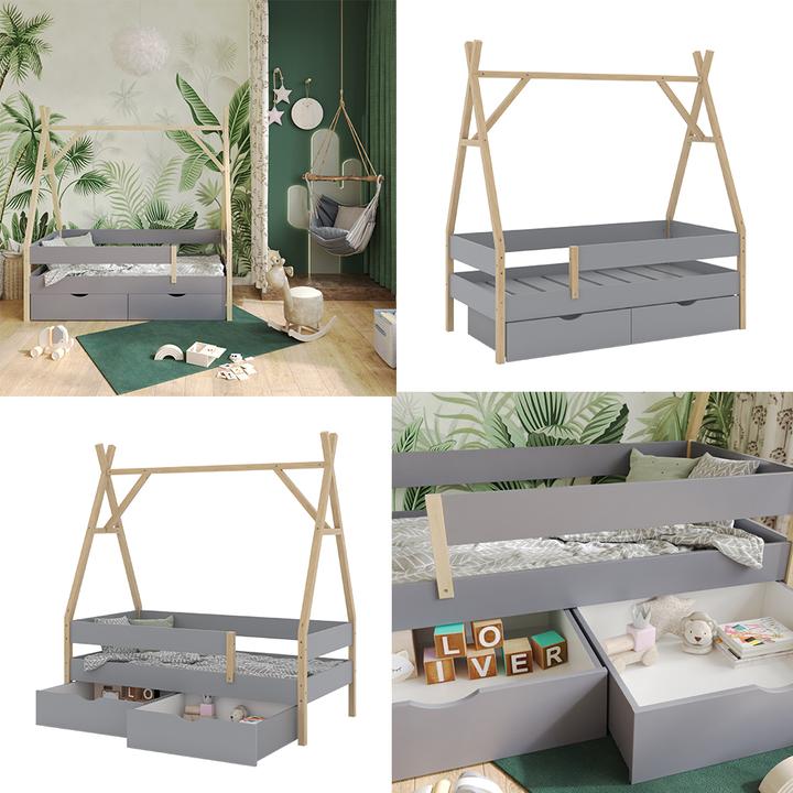 Produktbild VitaliSpa Tipi-Bett Bali, Grau, 80x160 cm mit 2 Schubladen (80 x 160 cm)