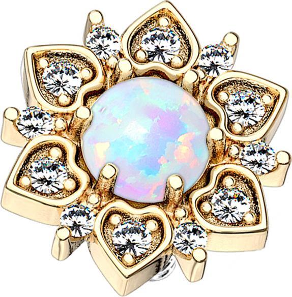 Star Piercing Dermal Anchor 14k vergoldet Herzblume mit Opal weiss (Messing, Chirurgenstahl 316L)