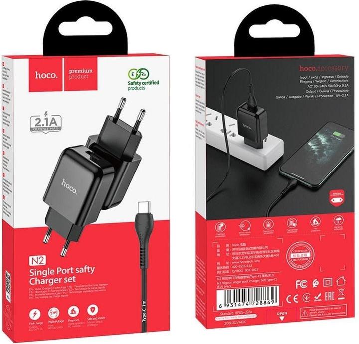 Image du produit Hoco Adapter travel charger USB A + cable USB A to Type C 2.1A N2 black (2.10 W)