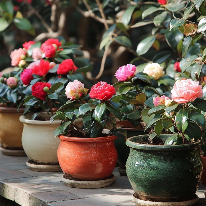 Actual product image Plant in a Box Camellia japonica Bonomiana, Brush Field Yellow, Lady Campbell - Set of 6 Japanese roses (25 cm)