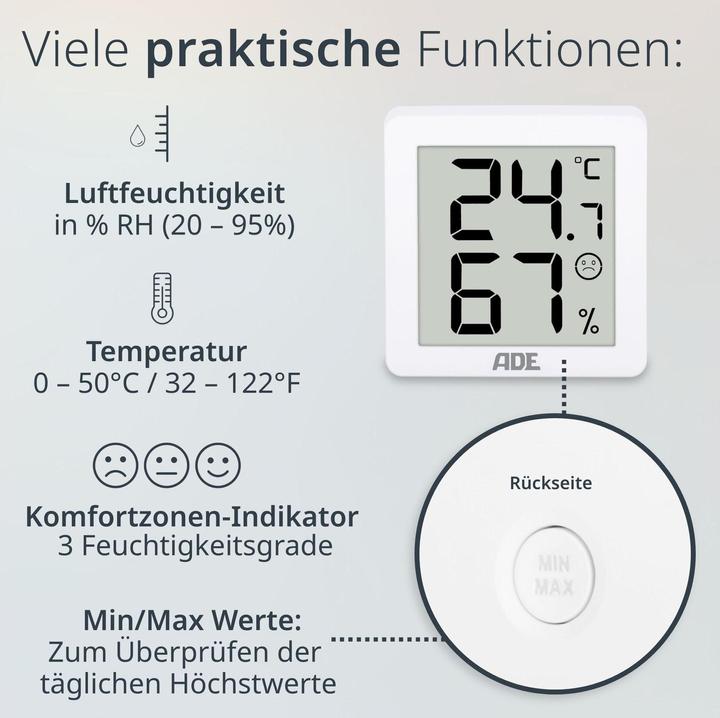 Actual product image ADE Thermo-/Hygrometer digital 3 Stück, Weiss, Funktionen