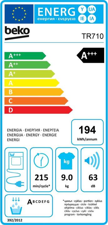 Label énergétique Beko Sèche-linge TR710, 9kg, A+++, blanc (9 kg, Modifiable, Prise UE)