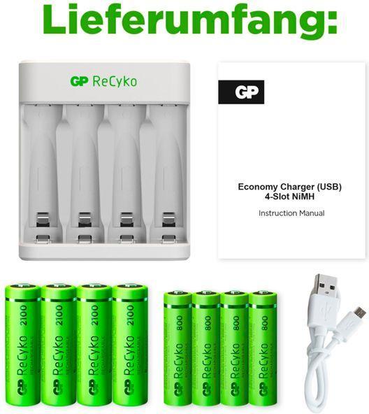Actual product image GP Batteries ReCyko E111 4-Port USB Charger. + 4xAA 2100mAH + 4x AAA 800mAh (8 pcs., AAA, AA, 2100 mAh, Rechargeable battery)