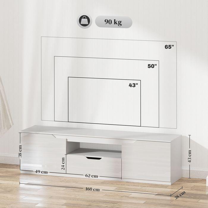 Produktbild Swisshandel24 Hochglanz TV-Lowboard für Fernseher bis 65 Zoll, 3 Fächer, Schublade, Weiss (160 x 38 x 43 cm)