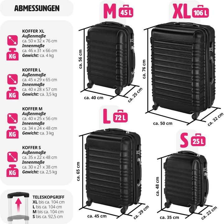 Image du produit tectake Set de 4 Valises (106 l, Bagage à main (jusqu'à 50l), M (50 - 90l), L (90 - 115l), XL (à partir de 115l))