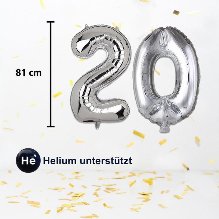 Produktbild Hermex Zahlenballon Zahl 20 Folienballon Geburtstagsparty Ballon Silbrig 81cm (1 x)