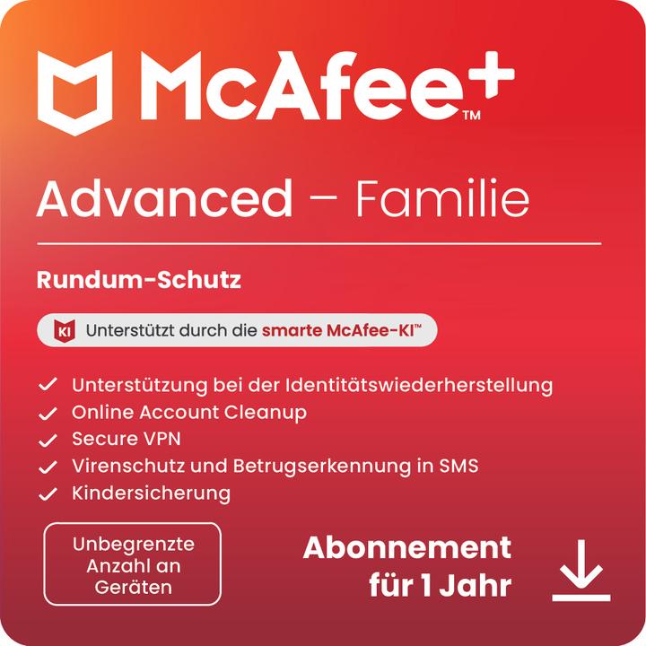 McAfee + Advanced - Familie (Unbegrenzte Anzahl von Geräten) (1 User, 1 Geräte/User, 12 Monate)