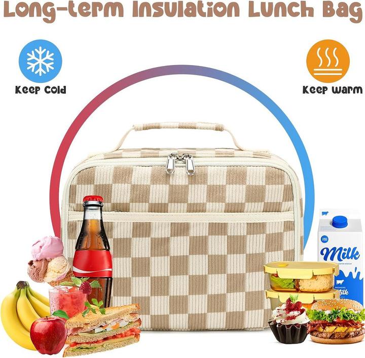 Produktbild Only-Bags.Store Grosses Fassungsvermögen Chic Cord isolierte Lunch Bag mit kariertem Design - auslaufsicher und
