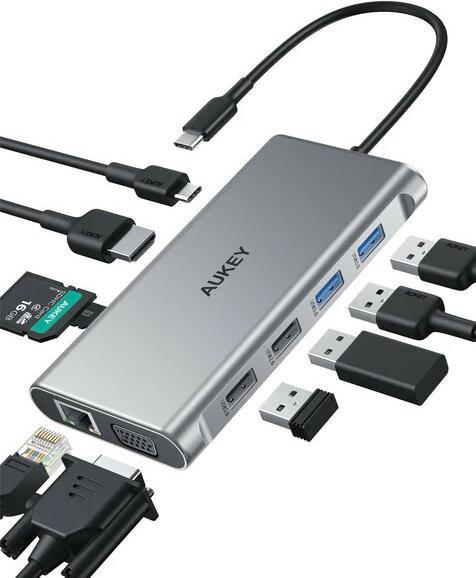 Aukey aluminiowy Hub USB-C | 10w1 | RJ45 Ethernet 10/100/1000Mbps | 4xUSB | HDMI 4k@30Hz | SD i micr (USB-C, 4 Ports)