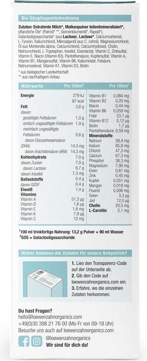Nährwerte und Zutaten Löwenzahn Organics Bio Pre Anfangsmilch (500 g, ab Geburt)