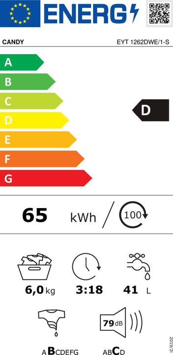 Label énergétique Candy Easy EYT 1262DWE/1-S lave-linge à chargement par le haut 6 kg 1200 tr/min D Blanc (6 kg, Vers le bas, Prise UE)