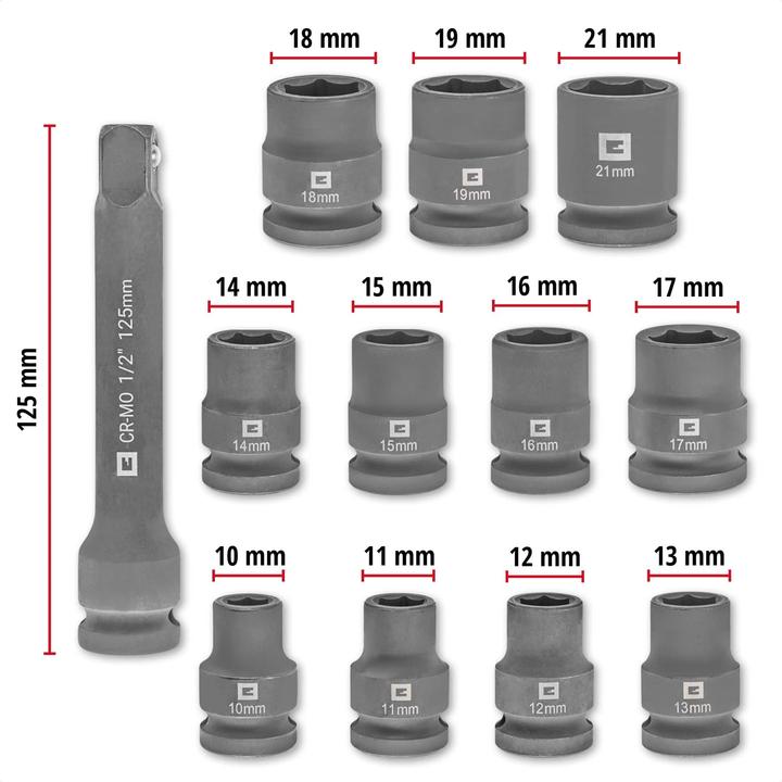 Actual product image Einhell Impact Stecknuss-Set, 109283, 12-teilig (18 mm, 15 mm, 11 mm, 21 mm, 16 mm, 12 mm, 14 mm, 17 mm, 13 mm, 19 mm, 10 mm)
