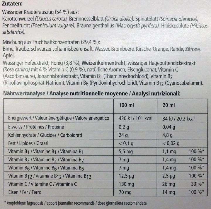 Nährwerte und Zutaten Floradix Eisen (1 Stück, Flüssigkeit, 600 g)