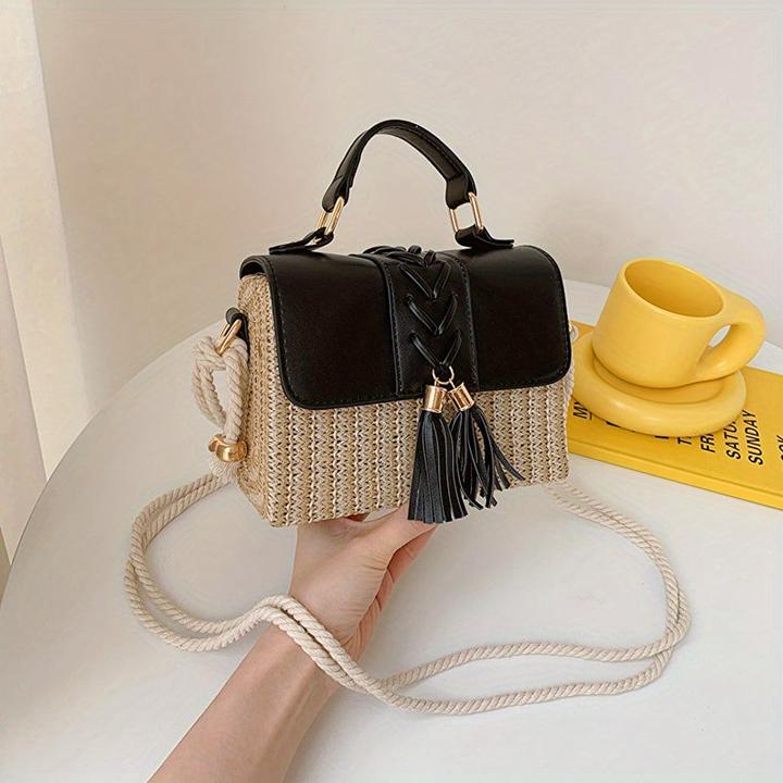 Image du produit Only-Bags.Store Sac à main en paille tressée avec décor de houppes, mini sac de plage à bandoulière, poignée en