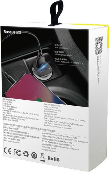 Image du produit Baseus Chargeur de voiture métallique carré USB/TypeC (30W)