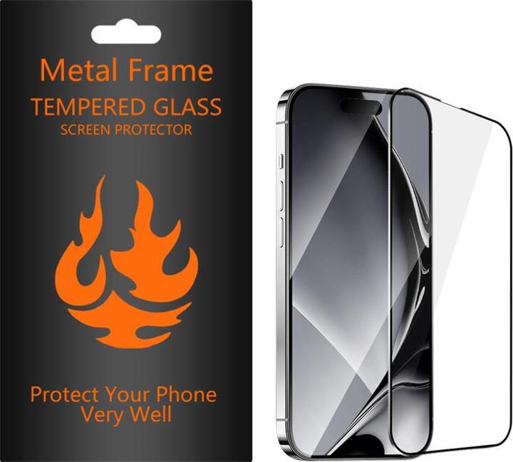 Produktbild OEM Gehärteter Glas-Metallrahmen für iPhone 16 6,1" schwarzer Rahmen (1 Stück, Apple iPhone 16)