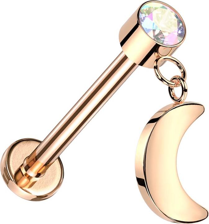 Image du produit Star Piercing Micro Threadless Labret or rose Cylindre or rose Cristal multicolore Pendentif Lune or rose (Titane G23, sans laiton)