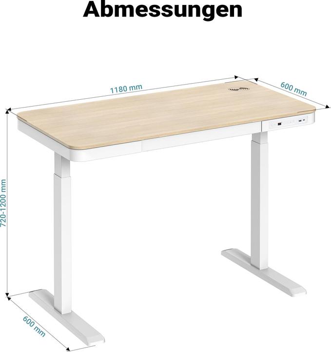 Produktbild Wiltec Höhenverstellbarer Schreibtisch Einmotorig Ladestation Tischplatte Memory (600 x 1200 mm)