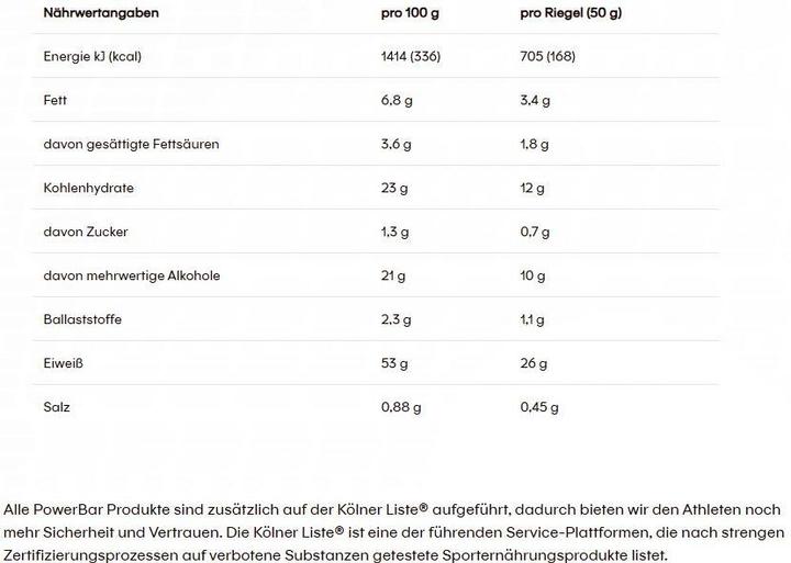 Nährwerte und Zutaten Powerbar ProteinPlus 52% Bar (Cookies and Cream, 20 Stk., 1000 g)