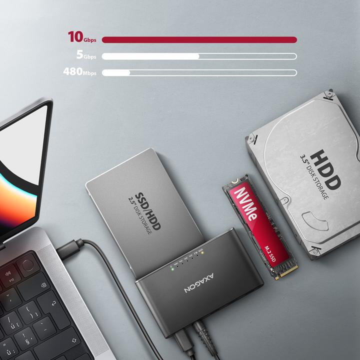 Actual product image Axagon ADSA-CC USB-C - NVMe M.2 SSD & SATA 2.5"/3.5" SSD/HDD CLONE MASTER (M.2 2280, M.2 2260)