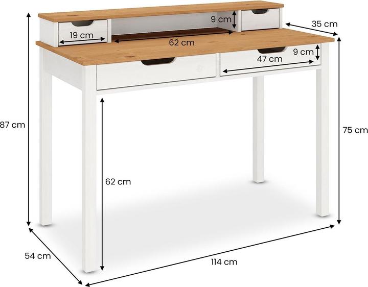 Produktbild IDIMEX Schreibtisch RAUL mit 4 Schubladen aus Massivholz – Eiche/Weiss (114 x 54 x 87 cm)