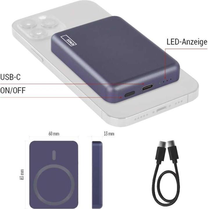 Actual product image Emos Powerbank WI 522, 5 000 mAh, 20 W+Wireless, blau (5000 mAh, 20 W, 19.25 Wh)