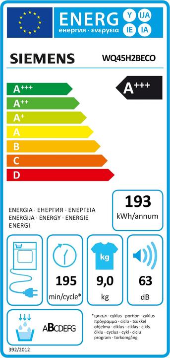 Energie-Label Siemens WQ45H2BECO (9 kg, Rechts)