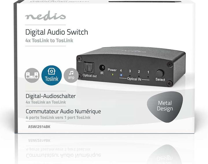 Produktbild Nedis Digital-Audio-Switch | 4-Wege | Anschlüsse – Eingang: DC Power / 4x TosLink | Anschlüsse – Aus (0.05 m)