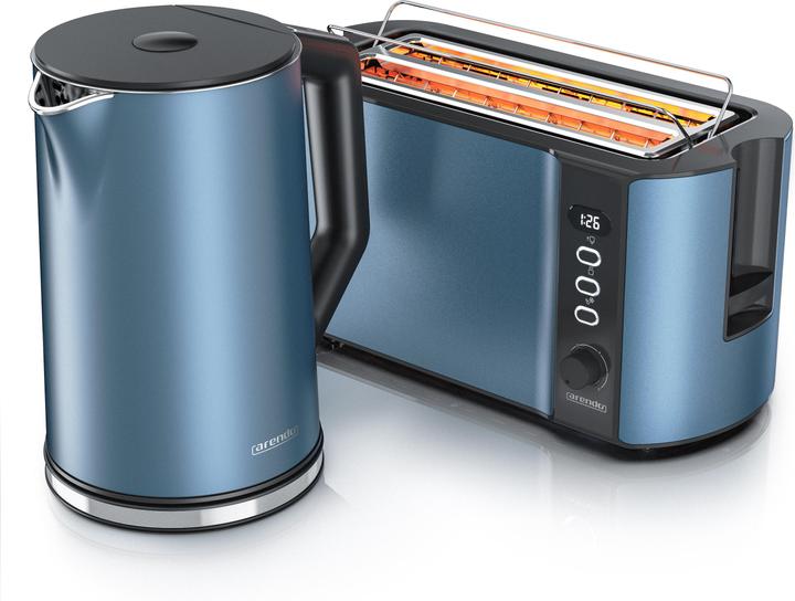 Produktbild Arendo Frühstücks Set Edelstahl Wasserkocher 1,5l Temperaturwahl & 4-Scheiben Langschlitz Toaster Blau Matt (1.50 l)