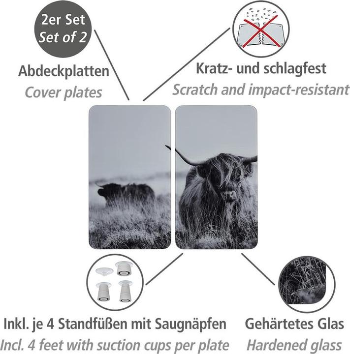 Productafbeelding Wenko Afdekplaten fornuis Highland Cattle zwart 2 stuks.