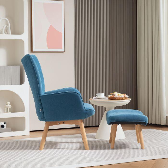 Produktbild Swisshandel24 Sessel mit Hocker, Ohrensessel mit Hoher Rückenlehne, Holzbeine, Cord, Blau