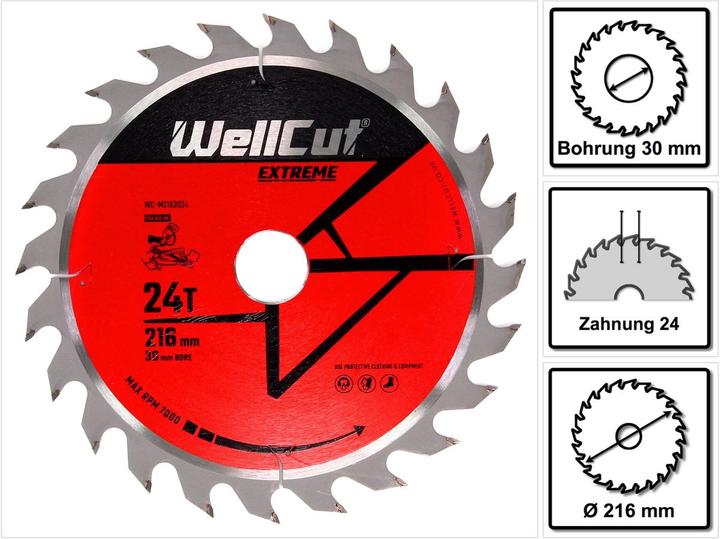 Actual product image Wellcut Circular saw blade WC-M2163024 TCT 216 x 2.4 x 30 mm 24 teeth