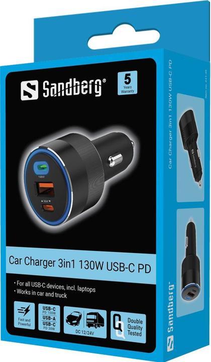 Productafbeelding Sandberg Autolader 3in1 130W USB-C PD