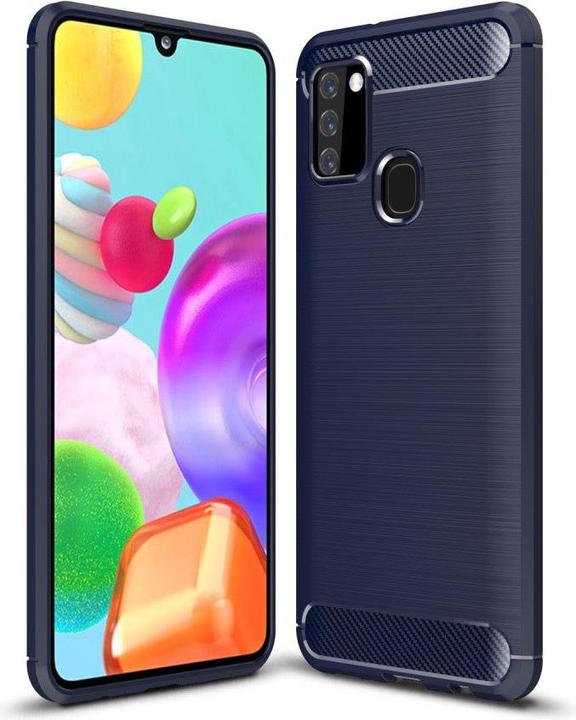 Produktbild Cover-Discount Galaxy A21s - Metall Carbon Look Gummi Hülle dunkelblau (Samsung Galaxy A21s)