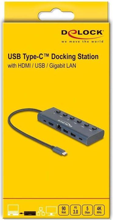 Produktbild Delock USB Type-C Dockingstation 4K - HDMI / USB / Gigabit LAN / PD 3.0 90 W mit Schalter (USB-C, 6 Ports)