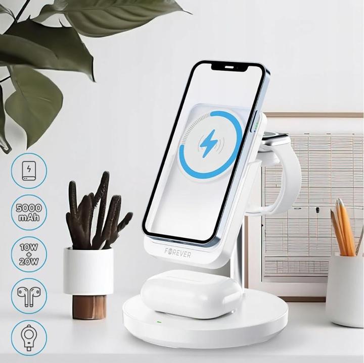 Actual product image Forever MACS-100 magnetic wireless charging station with power bank white 5in1 (20 W)