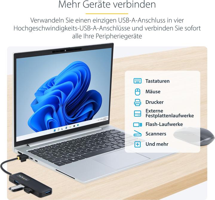 Produktbild StarTech 4-Port USB-A Hub 5gbps Portable Powered Nms Ns Ctlr (USB-A, 4 Ports)