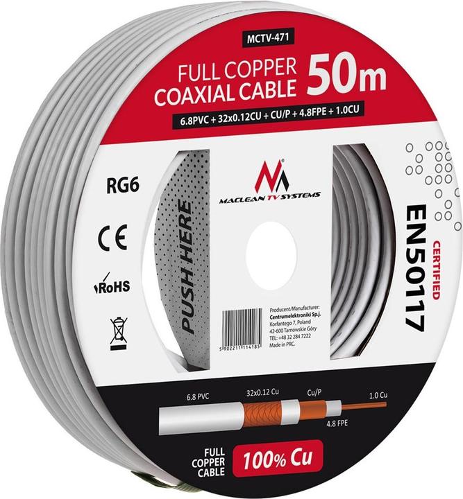 Maclean MCTV-471 MCTV-471 Kabel Koaxialkabel RG6 50M 1.02CU+4.8FPE+CU/P+32*0.12CU+6.8PVC (Antennenkabel)