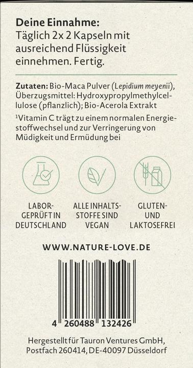 Nutritional values and ingredients Nature Love Maca (120 Piece, Capsules, 106 g)