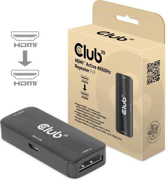 Immagine prodotto Club 3D Ripetitore Club3D HDMI > HDMI 4K60Hz attivo Bu/Bu al dettaglio (0.06 m)