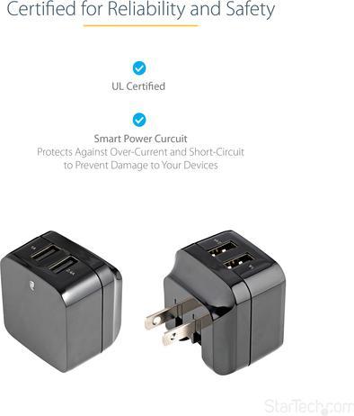 Immagine prodotto StarTech Caricatore USB a 2 porte / Alimentatore - Doppia spina di ricarica 17 Watt / 3,4 Amp - Doppio (17 W)