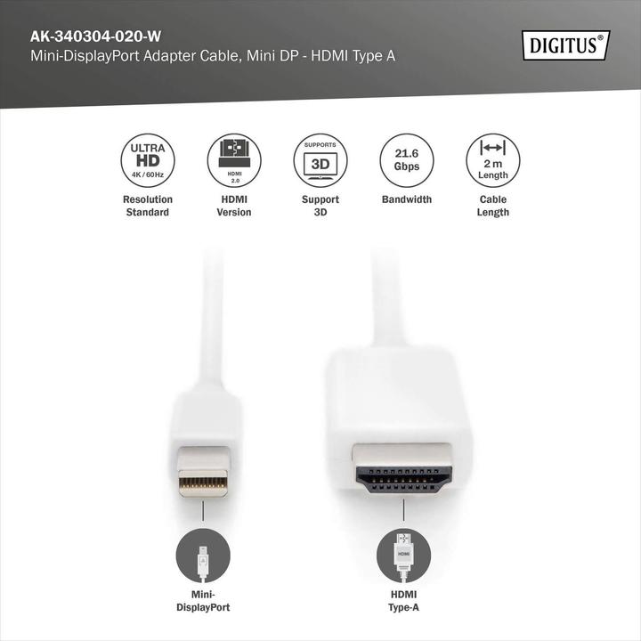 Image du produit Digitus Mini DP cable,mDP - HDMI, 2m (2 m, DisplayPort, HDMI)