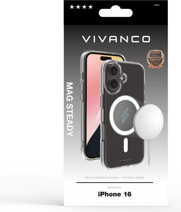 Actual product image Vivanco MAG STEADY Cover for iPhone 16, transparent, 1.5m Drop-Protection, MagSafe Support (Apple iPhone 16)