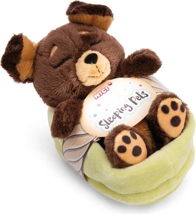 Actual product image NICI Sleeping Pets cuddly toy brown dog in green basket GREEN (11 cm)