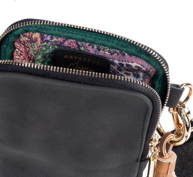 Produktbild Artebene MAJOIE Handytasche Nubuk-Lederoptik Schwarz – Vegane Crossbody-Bag mit goldenen Akzenten von Arteben